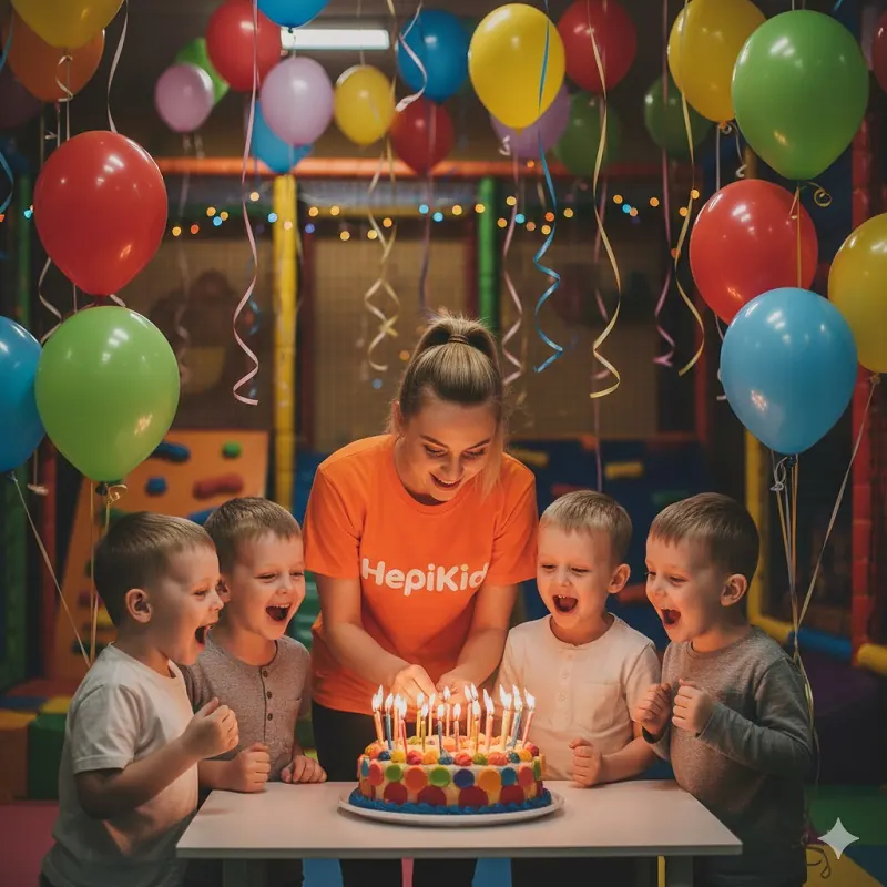 Animatorka HepiKid z otroki ob rojstnodnevni torti